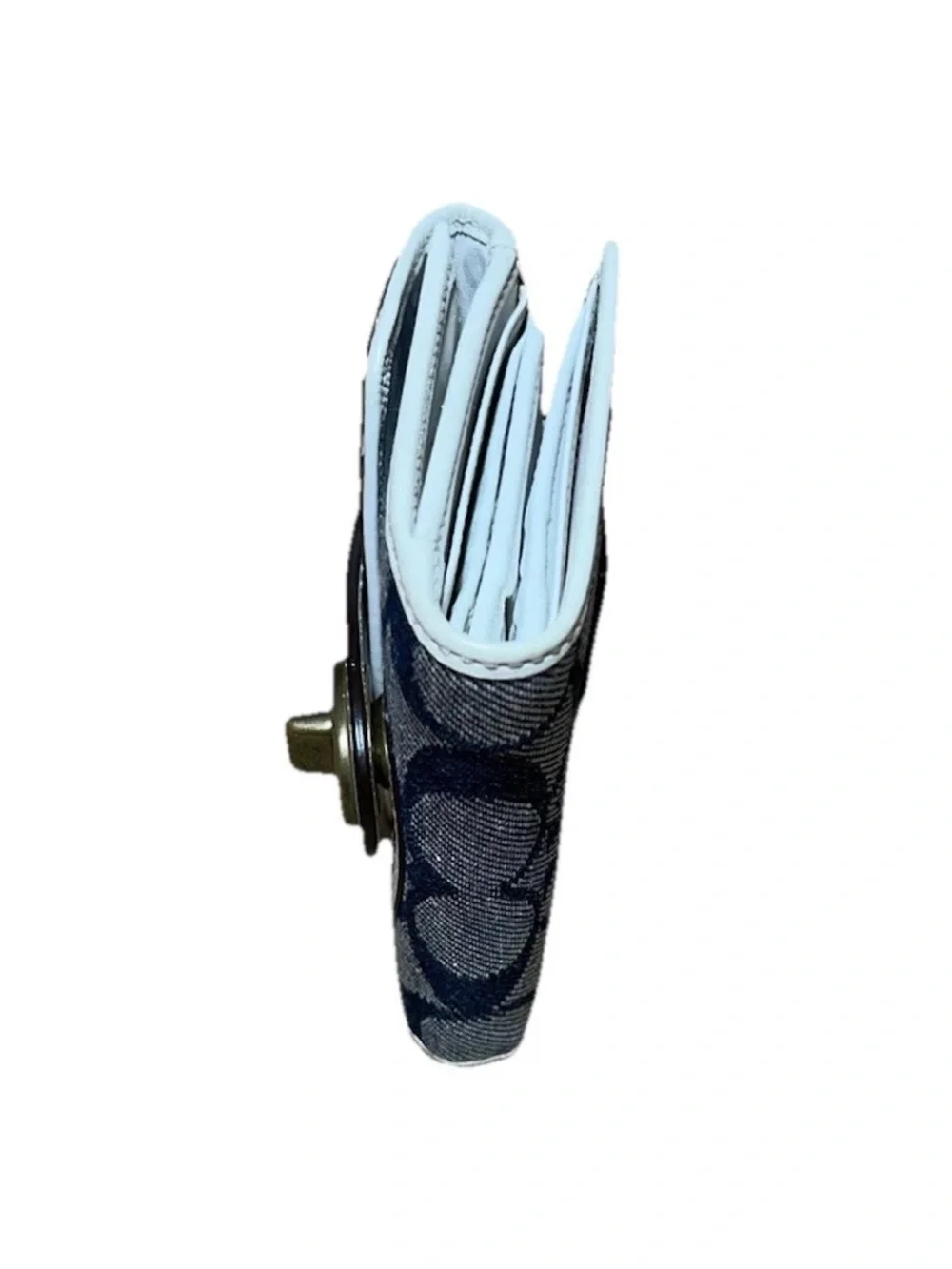 Coach Legacy Bi-Fold Wallet, Signature Denim, White Laced Leather, Brass